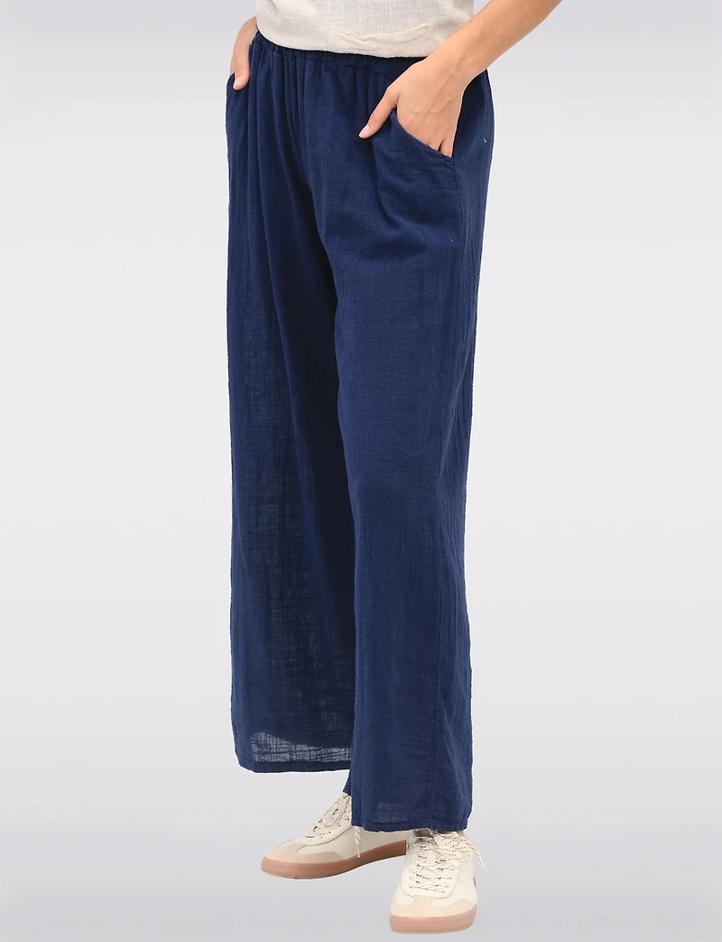 Solid Cotton Pull-On Wide-Leg Pants with Elastic Waist & Pockets by Froccella