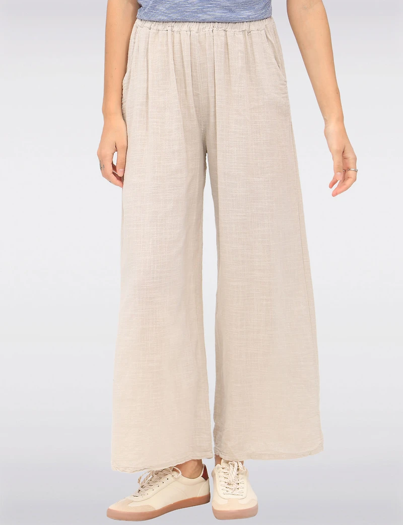 Solid Cotton Pull-On Wide-Leg Pants with Elastic Waist & Pockets by Froccella