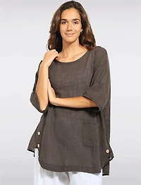 Loose-Fit Cotton Short Sleeve Top with Front Pocket & Button Detail by Froccella