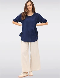 Loose-Fit Cotton Short Sleeve Top with Front Pocket & Button Detail by Froccella