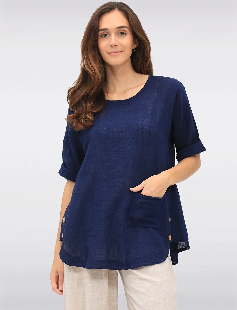 Loose-Fit Cotton Short Sleeve Top with Front Pocket & Button Detail by Froccella
