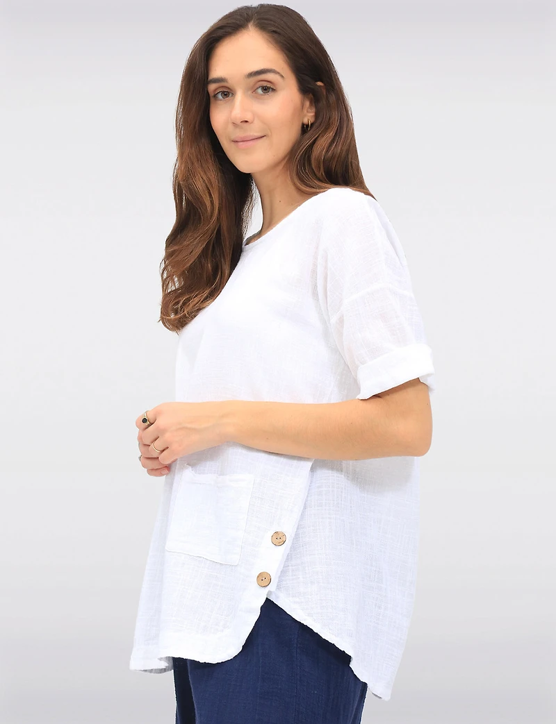 Loose-Fit Cotton Short Sleeve Top with Front Pocket & Button Detail by Froccella