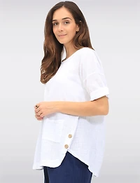 Loose-Fit Cotton Short Sleeve Top with Front Pocket & Button Detail by Froccella