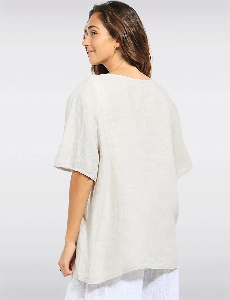 Chic Linen Short Sleeve Top with Decorative Front Button Accent by Froccella