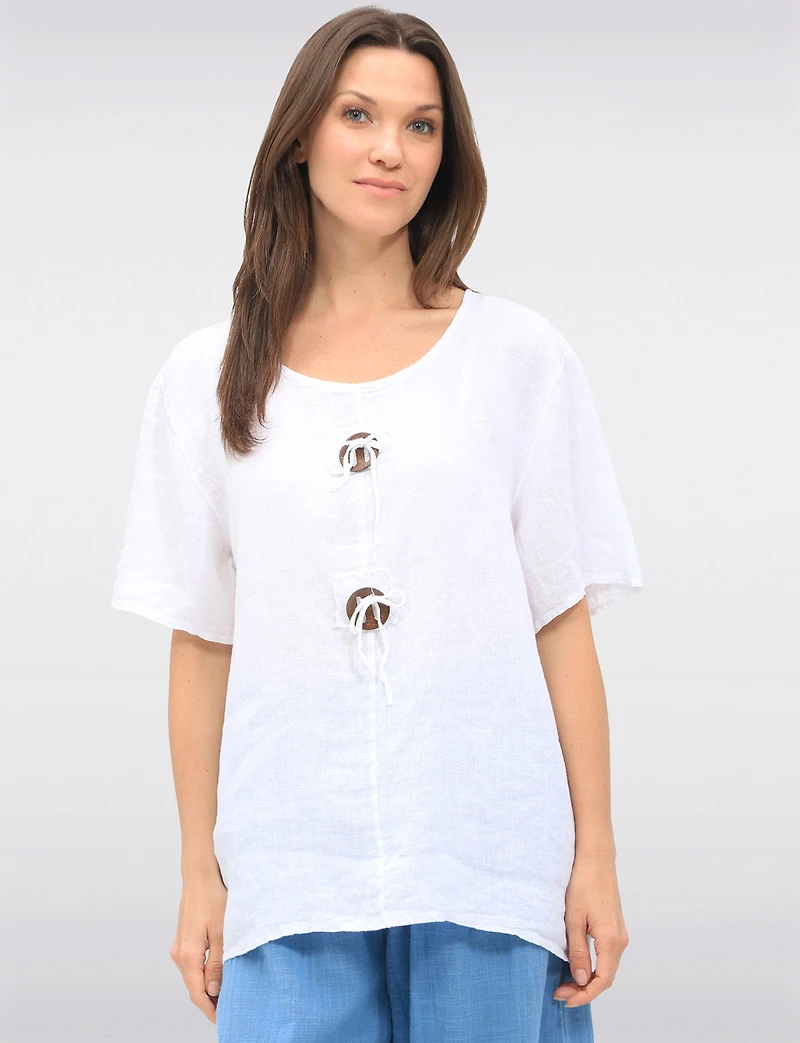 Chic Linen Short Sleeve Top with Decorative Front Button Accent by Froccella