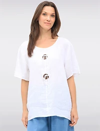 Chic Linen Short Sleeve Top with Decorative Front Button Accent by Froccella