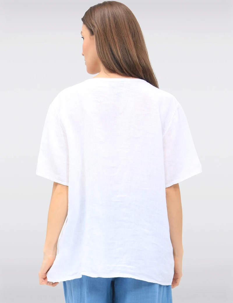 Chic Linen Short Sleeve Top with Decorative Front Button Accent by Froccella