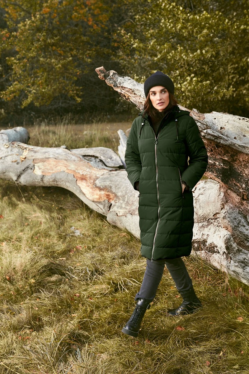Matte Long Straight Quilted Insulated Jacket with Detachable Hood by Frandsen