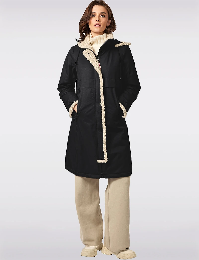 Chic Straight Cut Water Resistant Sherpa Trim Detachable Hood Coat by Frandsen