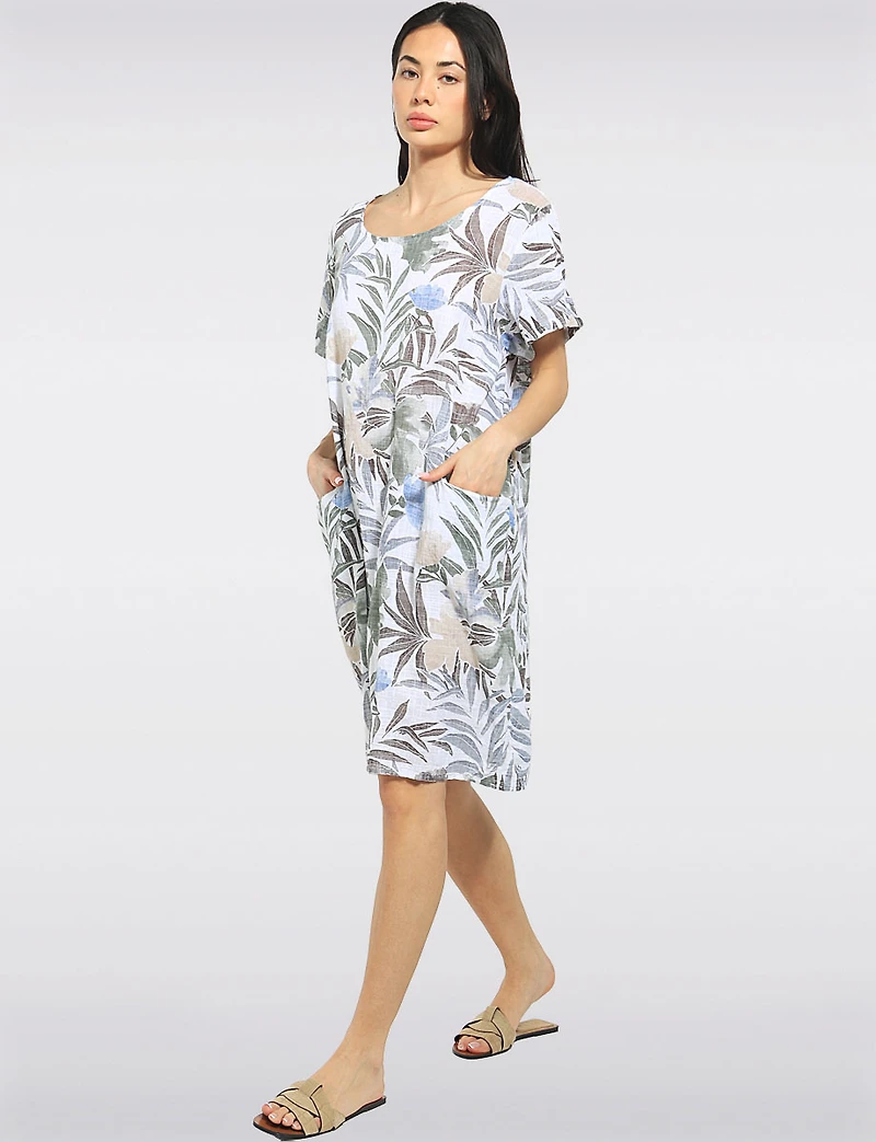 Tropical Floral Cotton Knee-Length Short Sleeve Pocket Dress by Froccella