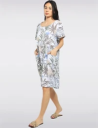 Tropical Floral Cotton Knee-Length Short Sleeve Pocket Dress by Froccella