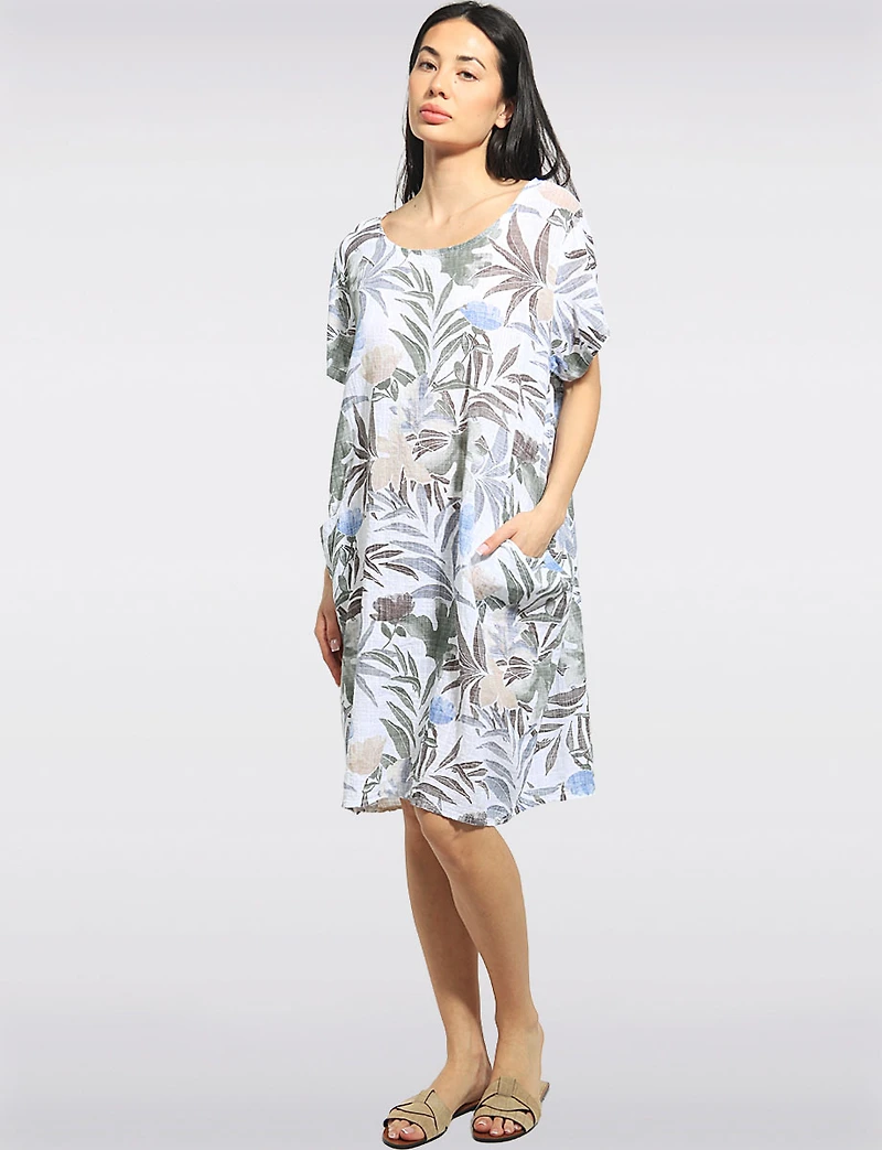 Tropical Floral Cotton Knee-Length Short Sleeve Pocket Dress by Froccella