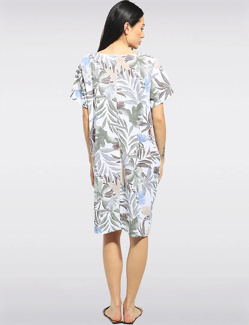 Tropical Floral Cotton Knee-Length Short Sleeve Pocket Dress by Froccella