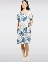 Artistic Rose Print Cotton Knee-Length Dress with Patch Pockets by Froccella