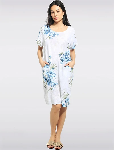 Floral Print Cotton Short Sleeve Round Neck Dress with Pockets by Froccella