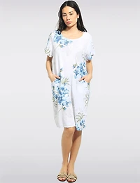 Floral Print Cotton Short Sleeve Round Neck Dress with Pockets by Froccella