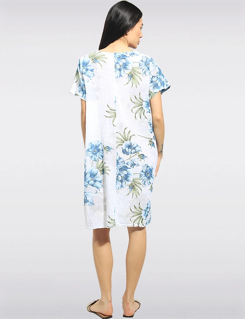 Floral Print Cotton Short Sleeve Round Neck Dress with Pockets by Froccella