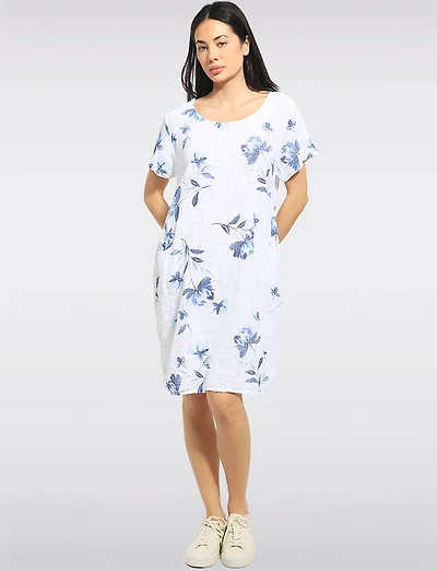 Floral Print Cotton Short Sleeve Knee-Length Dress with Pockets by Froccella