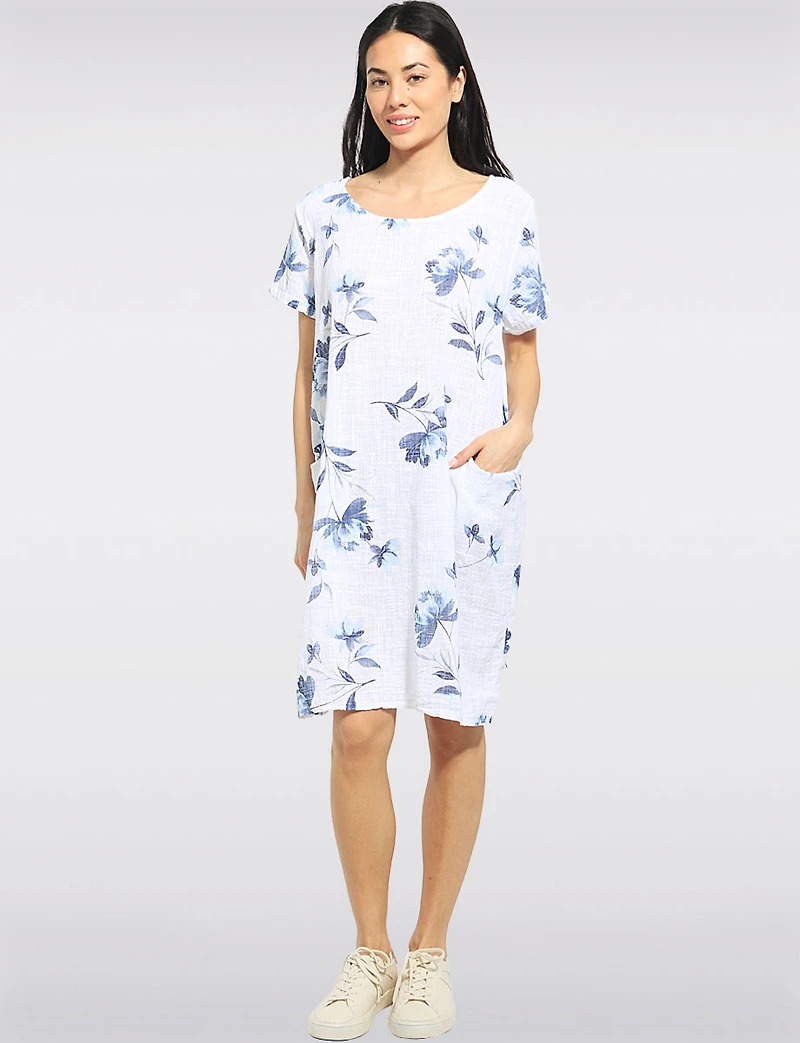 Floral Print Cotton Short Sleeve Knee-Length Dress with Pockets by Froccella