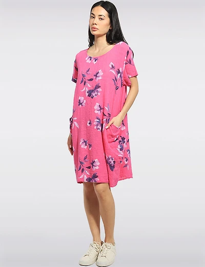 Floral Print Cotton Short Sleeve Knee-Length Dress with Pockets by Froccella