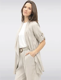 Flowy Linen-Blend Cardigan with Cascading Front & Rolled Sleeves by Froccella