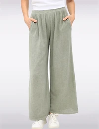 Relaxed Fit Wide-Leg Cotton-Linen Pants with Stretch Waistband by Froccella