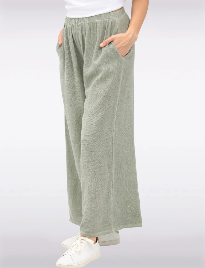 Relaxed Fit Wide-Leg Cotton-Linen Pants with Stretch Waistband by Froccella