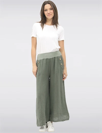 Relaxed Wide-Leg Linen Pants with Ribbed Waistband & Button Accents by Froccella
