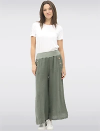 Relaxed Wide-Leg Linen Pants with Ribbed Waistband & Button Accents by Froccella