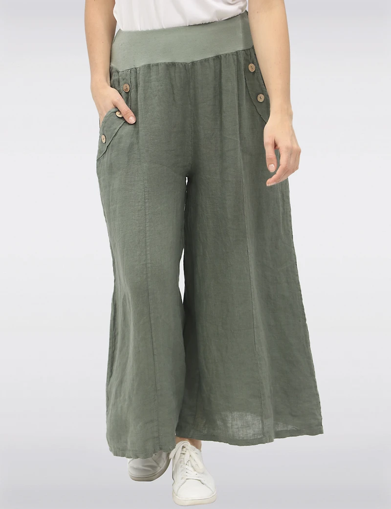 Relaxed Wide-Leg Linen Pants with Ribbed Waistband & Button Accents by Froccella