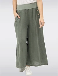 Relaxed Wide-Leg Linen Pants with Ribbed Waistband & Button Accents by Froccella