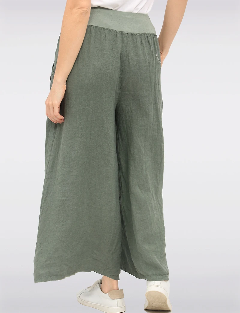Relaxed Wide-Leg Linen Pants with Ribbed Waistband & Button Accents by Froccella