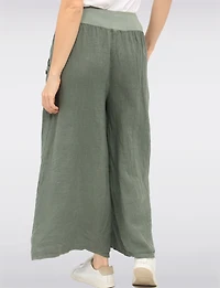 Relaxed Wide-Leg Linen Pants with Ribbed Waistband & Button Accents by Froccella