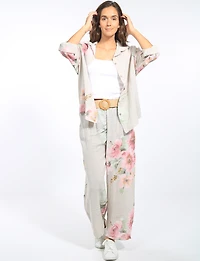 Relaxed Fit Wide-Leg Linen Floral Print Pants with Buckled Belt by Froccella