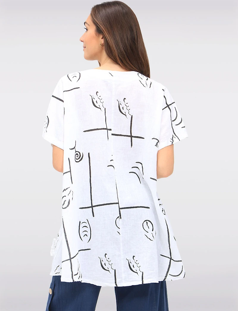 Loose Fit Linen Blend Abstract Line Print Top with Gathered Pocket by Froccella