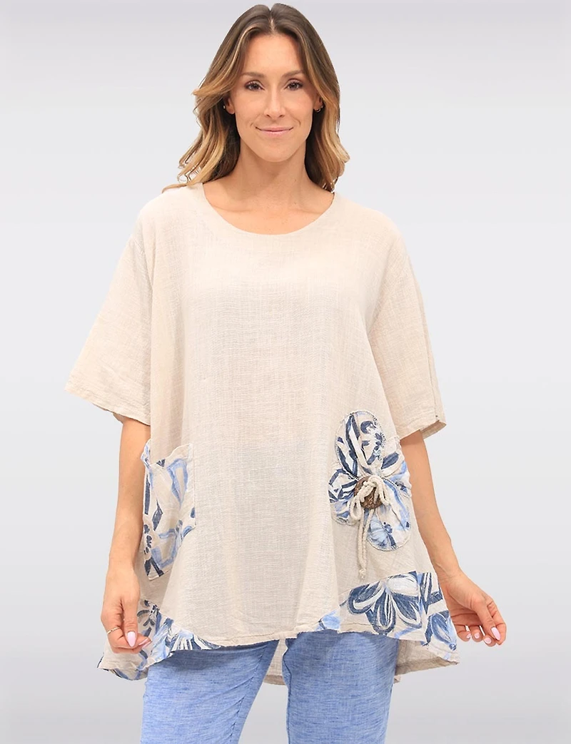 Loose Fit Short Sleeve Floral Patch Detail Linen Cotton Tunic Top by Froccella