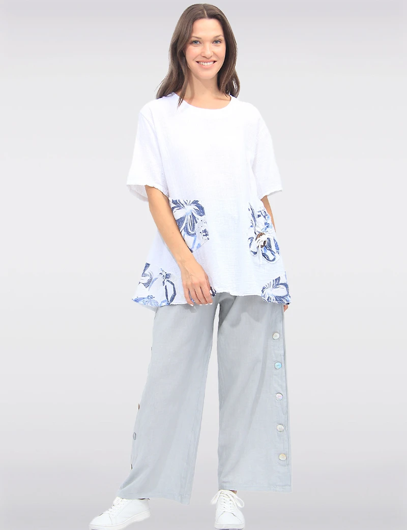 Loose Fit Short Sleeve Floral Patch Detail Linen Cotton Tunic Top by Froccella