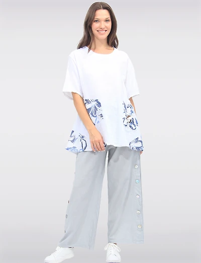 Loose Fit Short Sleeve Floral Patch Detail Linen Cotton Tunic Top by Froccella