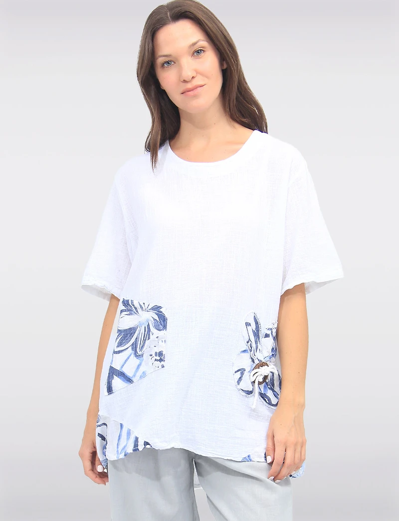 Loose Fit Short Sleeve Floral Patch Detail Linen Cotton Tunic Top by Froccella