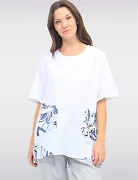 Loose Fit Short Sleeve Floral Patch Detail Linen Cotton Tunic Top by Froccella