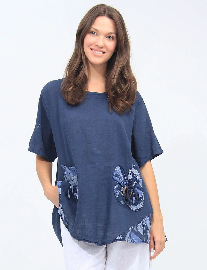 Loose Fit Short Sleeve Floral Patch Detail Linen Cotton Tunic Top by Froccella