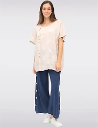 Straight Cut Floral Embroidered Linen Wood Button Short Sleeve Top by Froccella