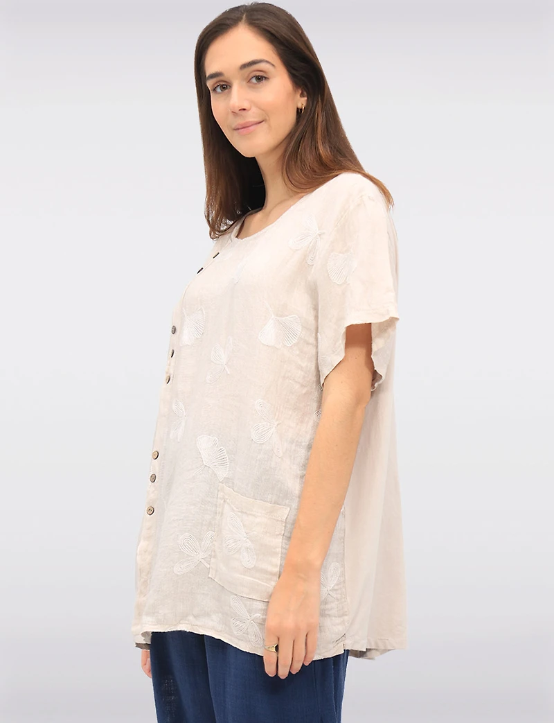 Straight Cut Floral Embroidered Linen Wood Button Short Sleeve Top by Froccella