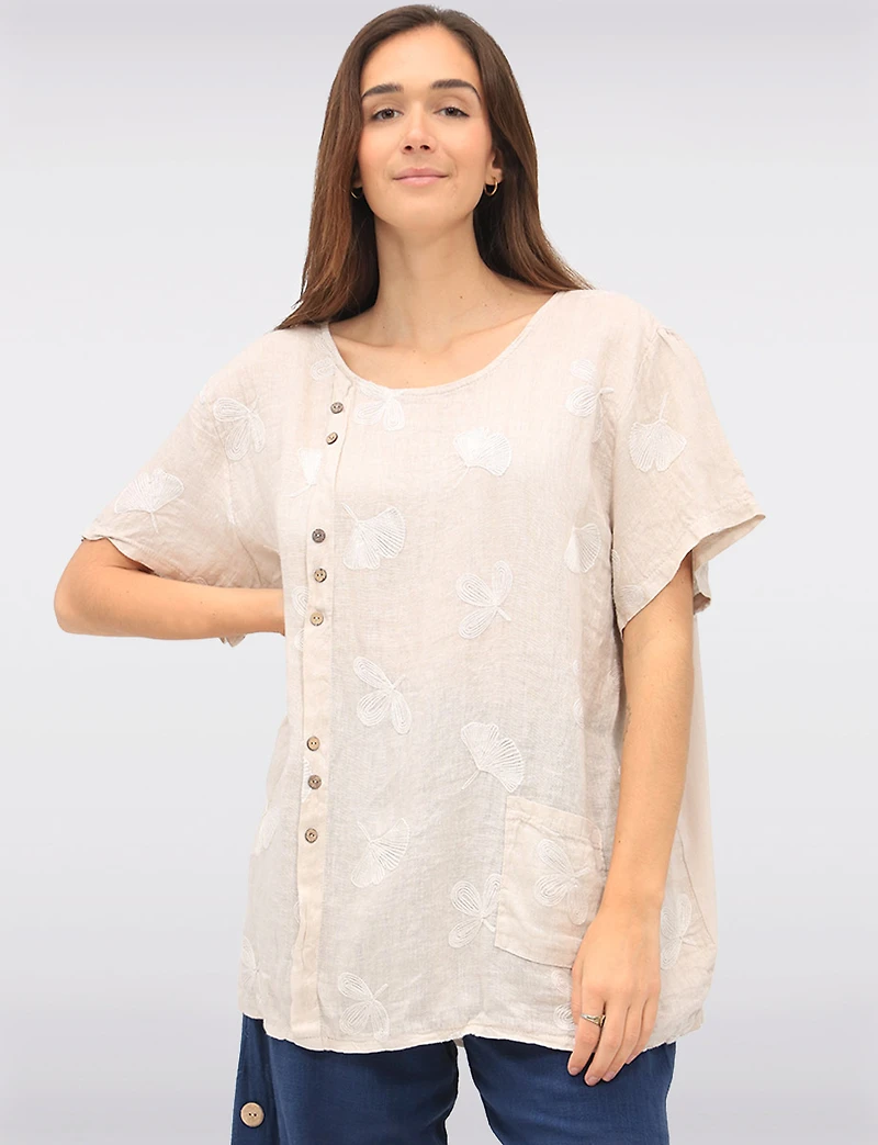 Straight Cut Floral Embroidered Linen Wood Button Short Sleeve Top by Froccella