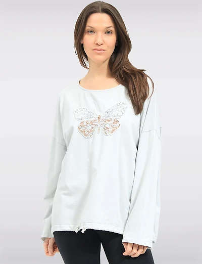 Long-Sleeve Butterfly Embroidered Top with Sequins & Drawstring Hem by Froccella