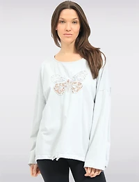 Long-Sleeve Butterfly Embroidered Top with Sequins & Drawstring Hem by Froccella
