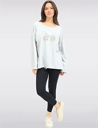 Long-Sleeve Butterfly Embroidered Top with Sequins & Drawstring Hem by Froccella