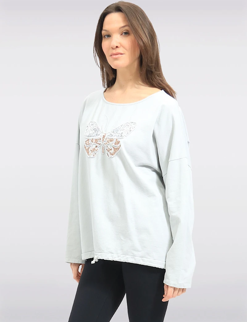Long-Sleeve Butterfly Embroidered Top with Sequins & Drawstring Hem by Froccella