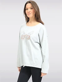Long-Sleeve Butterfly Embroidered Top with Sequins & Drawstring Hem by Froccella