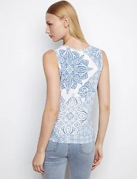 Chic Sleeveless Blue Floral-Print Cotton Top with Front Twist Hem by Charlie B
